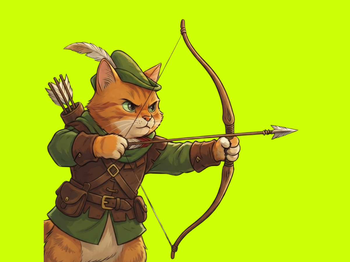 Robincat standing with his bow
