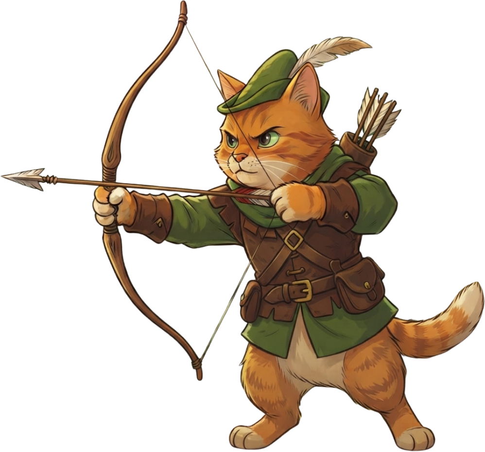 Robincat, an orange cat dressed as Robin Hood, drawing his bow