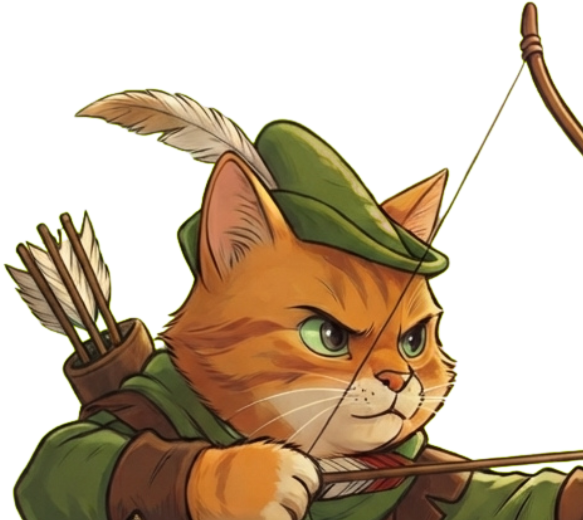 Close-up of Robincat wearing his green hood