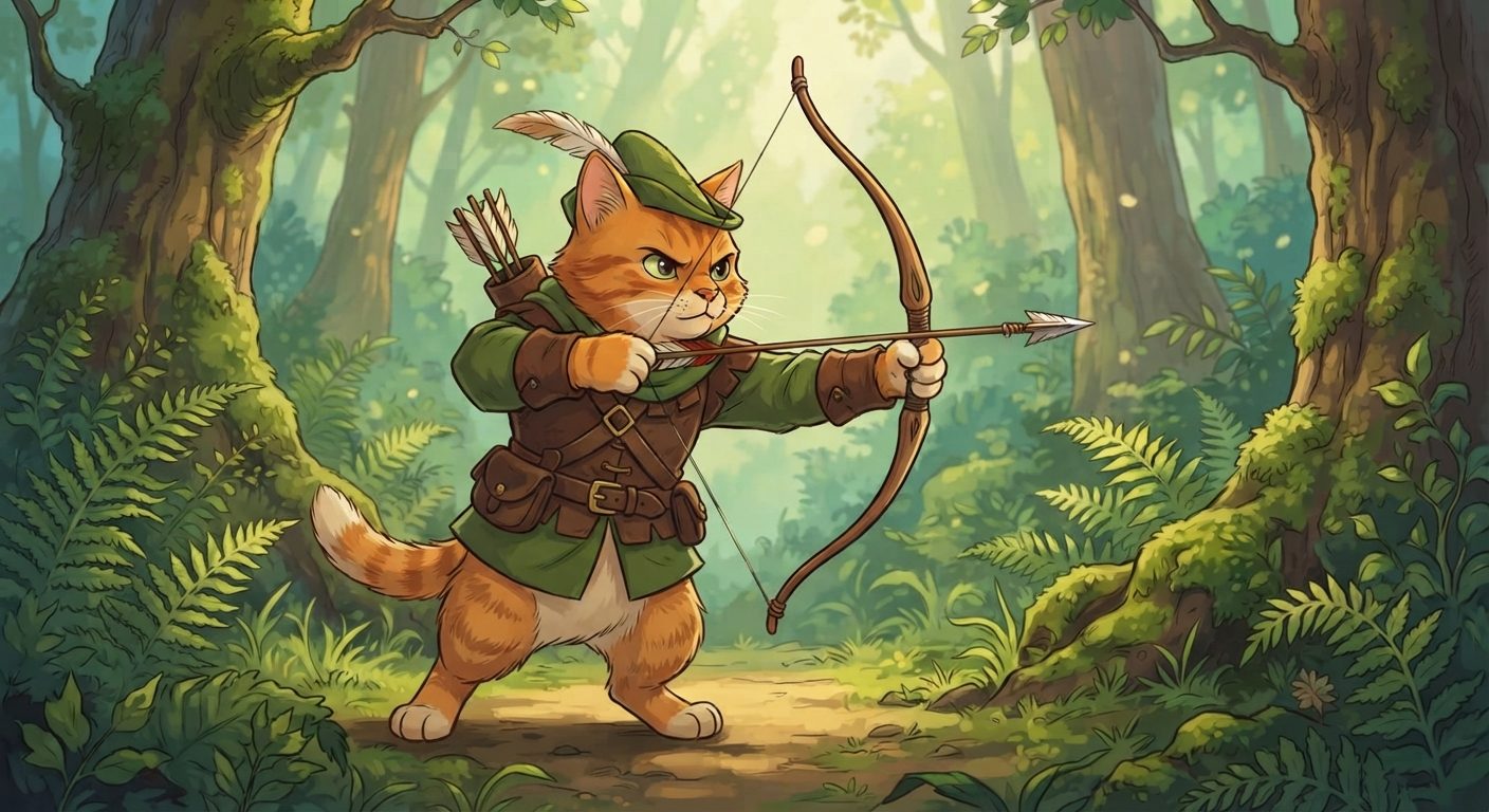 Robincat drawing his bow in Sherwood forest